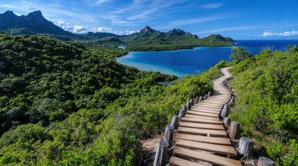 Fototapeta premium Scenic jungle covered trail winds through lush greenery, leading to stunning coastal view
