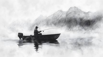 Fototapeta premium A side-view pencil sketch of a fisherman casting a line, small ripples forming around the boat, dense mist curling across the lake surface. Background includes faint outline of mountains.