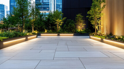 Modern city plaza with geometric stone tiles, illuminated greenery, and urban ambiance