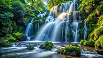 Obraz premium Waterfall Cascade Over Mossy Rocks - Architectural Photography