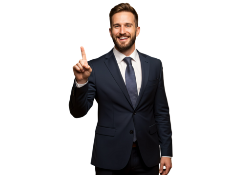 A businessman pointing upward with a big smile, isolated 