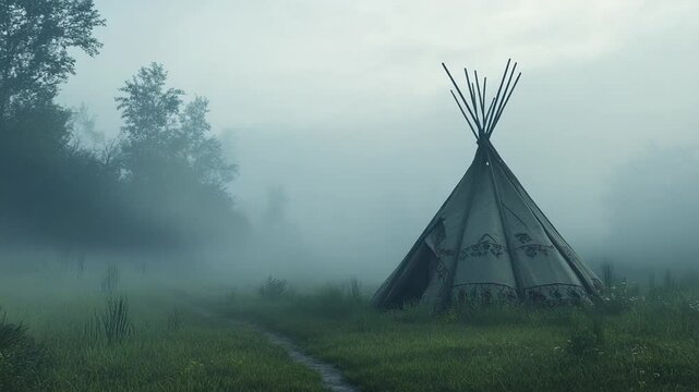 Misty landscape featuring a teepee in serene nature