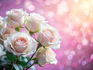 White Roses Pink Background Bokeh AI Photo, Copy Space