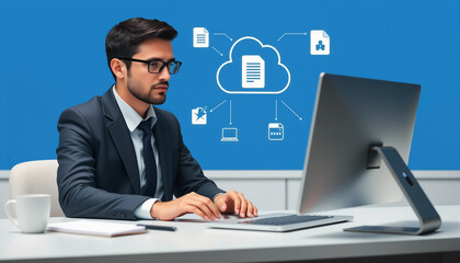 Business executive using a computer to access cloud services for document management and digital file storage and transfer. Doc sharing and file access, data backup and synchronization.