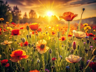 Wild Poppy Meadow Vintage Photography, Beautiful Flowers, Retro Landscape