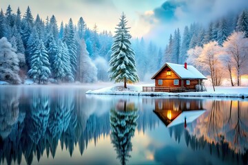 Winter Cabin Reflection - Tilt-Shift Lake Scene