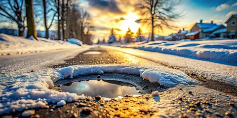 Winter Road Hazard: Pothole Safety Warning - Tilt-Shift Photography