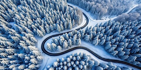 Winter Forest Winding Road Aerial Drone Photo, Snake Path