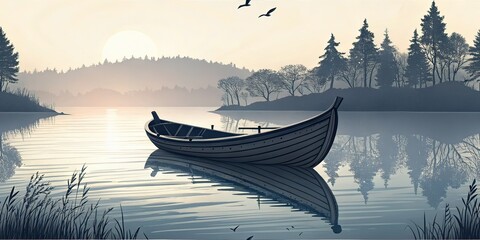 Wooden Boat Silhouette Photo,  AI Art,  Nature,  Water,  Boat,  Silhouette,  Wooden,  Lake,  River,  Calm,  Tranquil