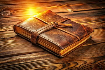 Worn Leather Journal on Rustic Table - Golden Light Photography