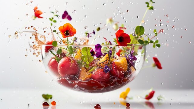Floating gourmet dish where elements like sauce droplets and edible flowers appear weightless against a bright white backdrop