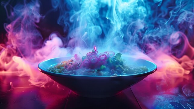 Floating ramen bowl where steam forms a holographic pattern creating a futuristic fusion food experience