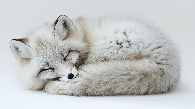 Fluffy Arctic fox curled into a cozy ball thick winter coat fluffed up ultra HD close up isolated on a white background