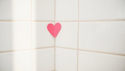 Pink heart sticker on white tiled wall in bright bathroom  