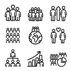 A set of doodle line icons representing population, demographics, growth trends, global people distribution, and social data analysis for statistics