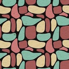 This image resembles a stone wall texture or a stylized mosaic with a cheerful and organic layout, showing an abstract pebble-like pattern in red, yellow, and green on a black background.