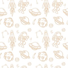 
Space themed illustration pattern with simple line art style in light brown on white background. The pattern includes elements such as astronauts, rockets, UFOs, planets, shooting stars and more.