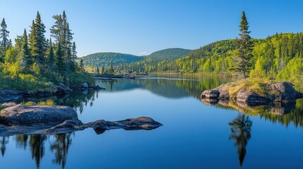 Naklejka premium Serene Lakeside Reflections in a Northern Wilderness