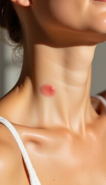 Young woman with hickey on neck smiling in natural sunlight  