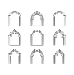 Line art Set of gold ornament arab windows and door. Vector illustration. Ramadan Kareem design element, invitation or card template. Arabic traditional architecture, beautiful arabesque motif pattern