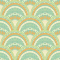 This image features a seamless geometric pattern with a retro and ornamental style. The pattern is in pastel green, and orange, decorated with floral elements, creating a vintage and elegant look.