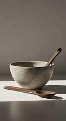 Speckled Ceramic Bowl with Two Wooden Spoons in Soft Light