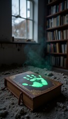 Mysterious book with glowing handprint on dusty floor in library  