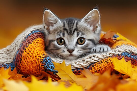 Cute kitten in autumn leaves