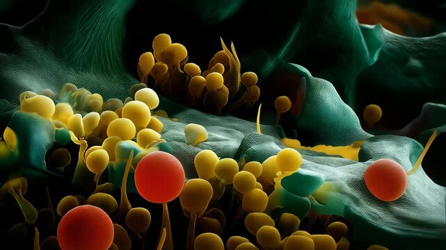 Detailed microscopic view of vibrant, colorful fungal growth and green substrate with organic textures, a unique biology or science visualization.