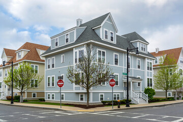 Elegant multifamily housing complex on a beautiful spring day in Brighton, Massachusetts, USA