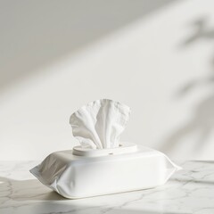 White tissue box with opened tissues on marble surface  