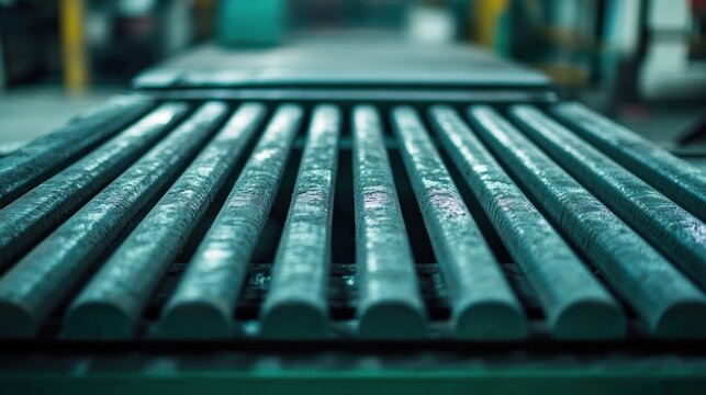 Industrial Teal Cylinders: Close-up of Parallel Metal Rods in a Factory Setting