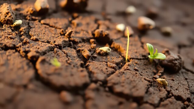 Close up of cracked dry earth with small green sprouts emerging from the parched soil in a field