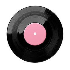 Isolated vinyl record with pink label on a black background showcasing music and retro aesthetic style isolated on transparent background