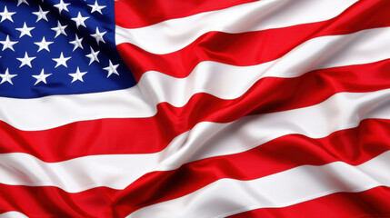 Obraz premium The United States flag waves in the wind, displaying red and white stripes with a blue field of white stars.