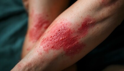 Fototapeta premium Close-up of an arm with a red rash, illustrating skin irritation, possibly linked to acne treatments or skincare routines