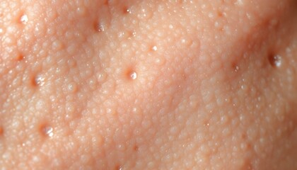 Fototapeta premium Zoomed-in shot of skin with small bumps, highlighting acne, surrounded by a blurred backdrop of dermatology products