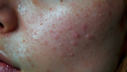 Fototapeta premium A woman’s face showing acne, representing skin care issues and dermatology, with a soft-focus background