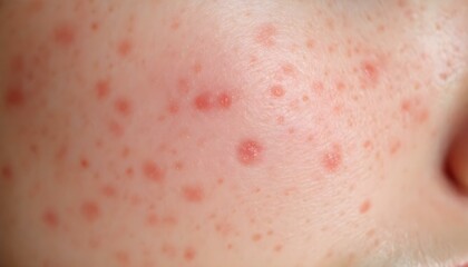 Fototapeta premium A woman with acne on her face, emphasizing skin health and dermatology, set against a simple background