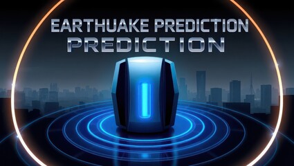 Earthquake prediction interface showing futuristic device with city skyline in background