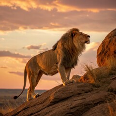 Majestic Lion at Sunset on Rocky Outcrop, African Wildlife Photography, Big Cat Lion, Sunset