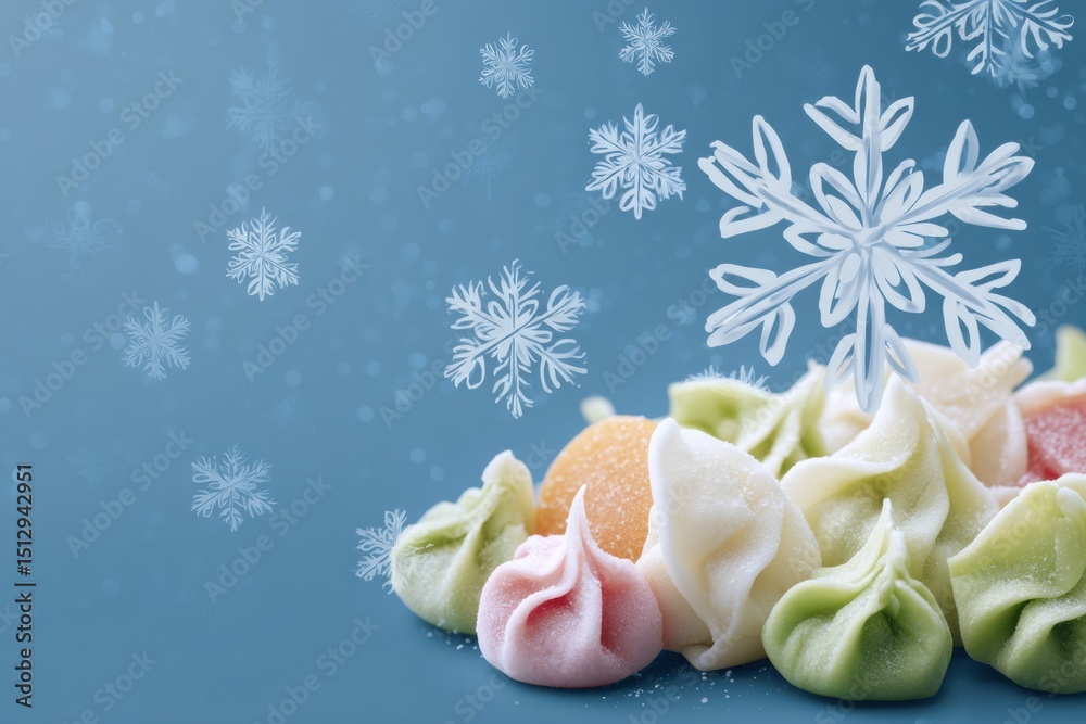 Aufkleber stylized snowflake enhances frozen dumplings and colorful vegetables on a bright backdrop
