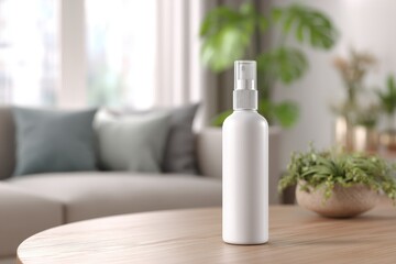 A plain white spray bottle sits center on a light wood table, blurred living room background featuring a couch and plants