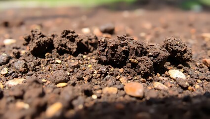 A close up view of dark brown soil clods with small rocks and seeds scattered on the surface