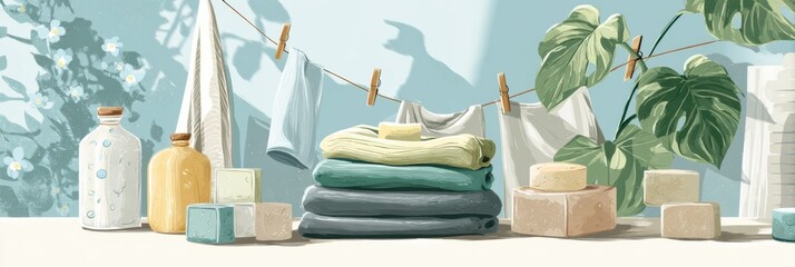 Eco-friendly Laundry Space Featuring Folded Clothes and Natural Soap Bars With a Serene Color Palette and Gentle Light Accents
