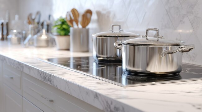 Gleaming stainless steel pots sit on a sleek, modern induction cooktop nestled in a pristine white marble countertop kitchen.  A subtle, chevron-patterned backsplash completes the elegant design