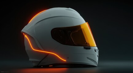 Sleek white motorcycle helmet with vibrant orange LED accents along its contours, a tinted visor, and a dark background