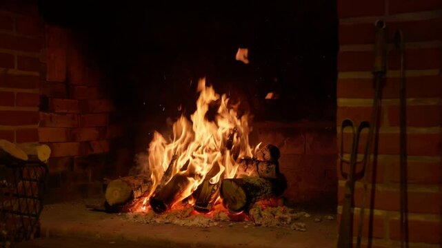 Сloseup of a fire burning in a fireplace