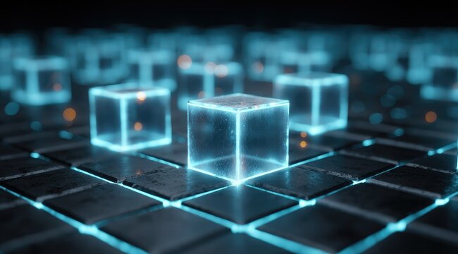Glowing translucent cubes arranged on a dark gridded surface, illuminated with neon-blue light, creating a futuristic, technological aesthetic - Powered by Adobe