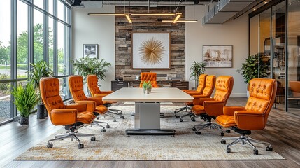 Conference room with large windows and orange leather chairs surrounding a rectangular table space ready